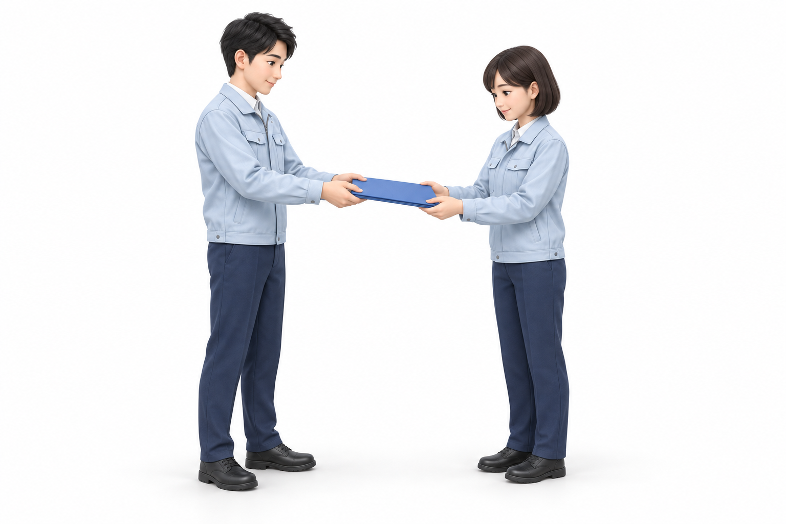 青い資料フォルダーを渡す男性と受け取る女性の担当者